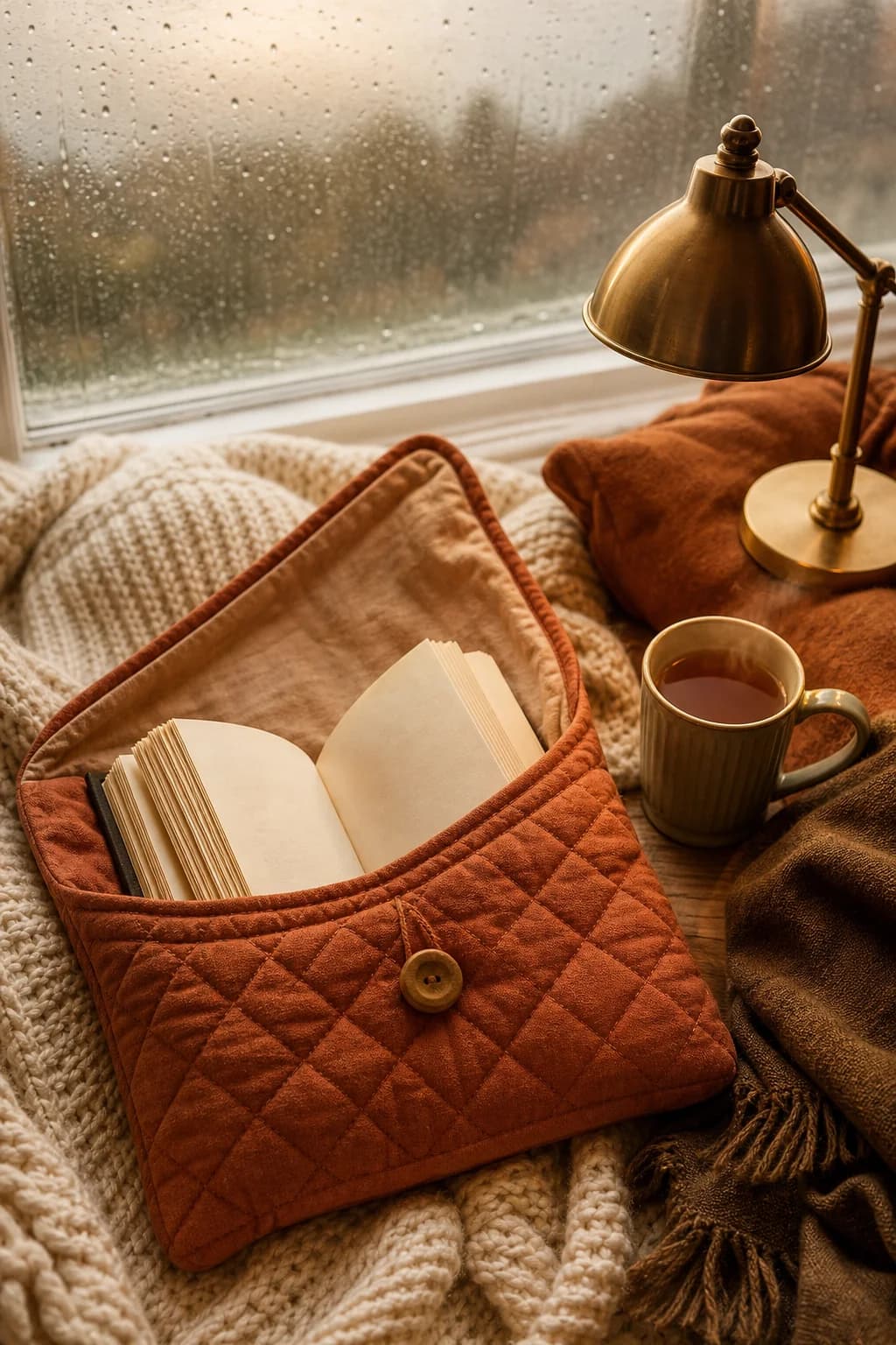Livre ouvert dans une housse matelassée terracotta, plaid en laine, tasse de thé fumante et lampe dorée