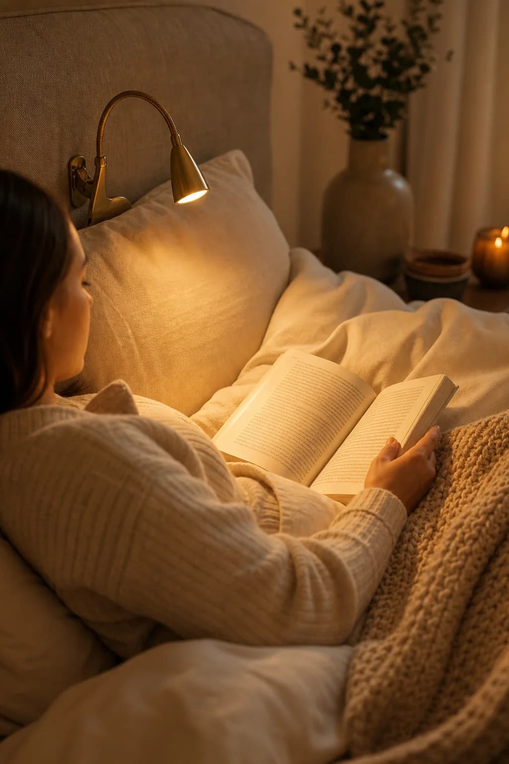 Lampe de lecture dorée éclairant une pile de livres au crépuscule