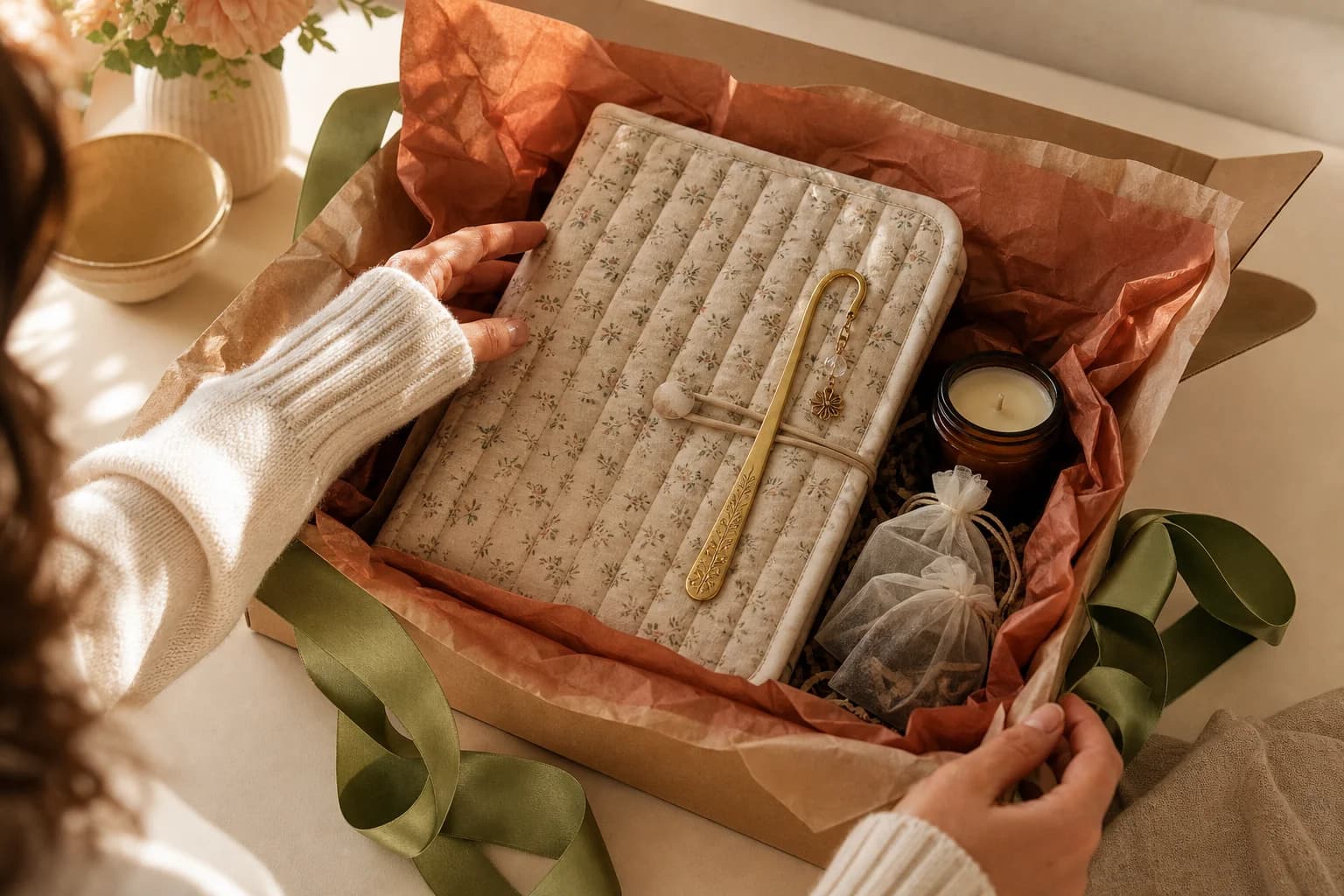 Coffret cadeau ouvert : housse de livre, marque-page et bougie sur papier de soie