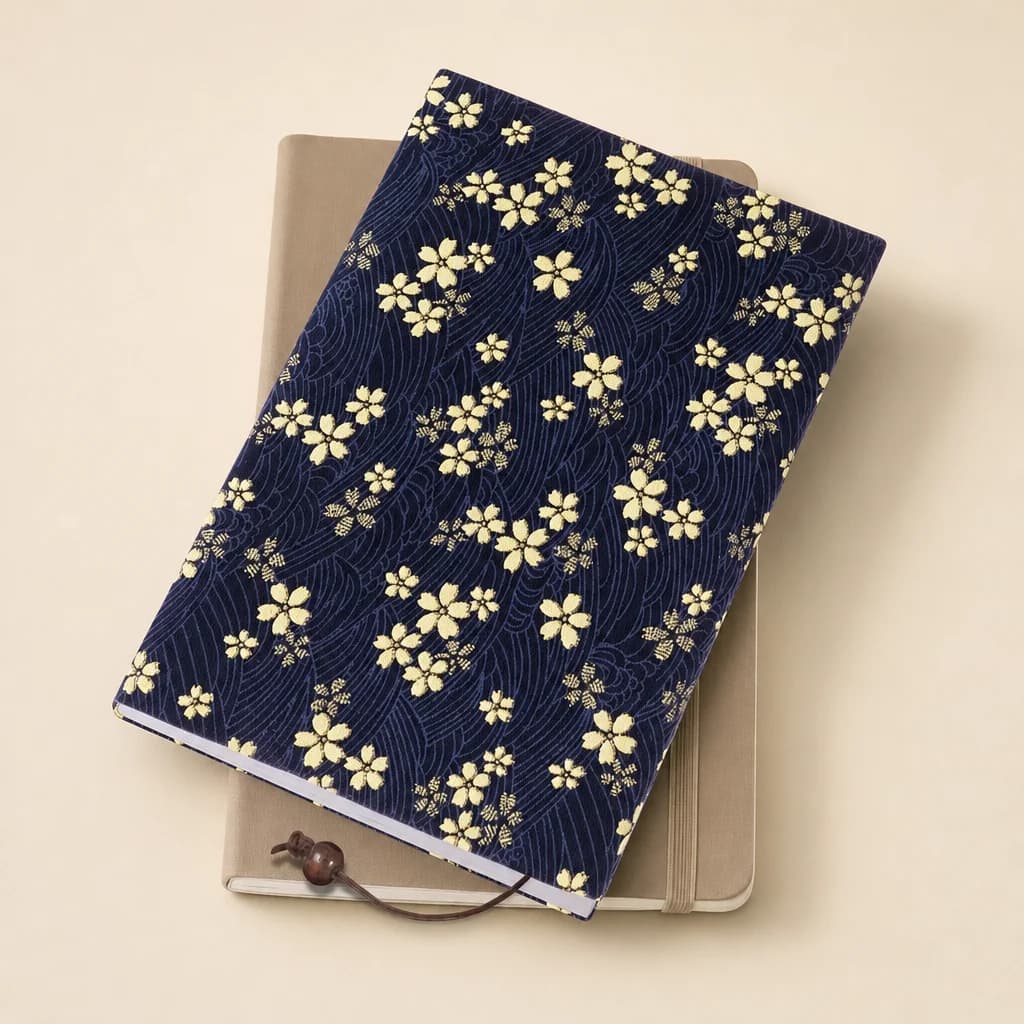 Housse de livre A5 réglable en tissu fleurs de cerisier sur fond bleu nuit