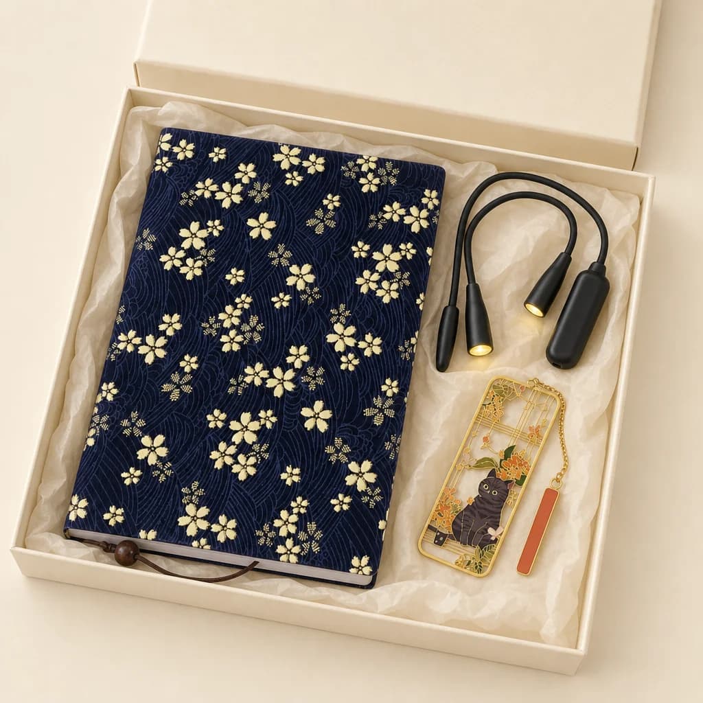 Coffret Soirée Lecture avec housse de livre, lampe tour de cou et marque-page chat en laiton