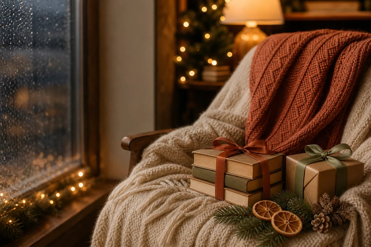 Fauteuil de lecture avec plaid terracotta, pile de livres nouée d'un ruban, cadeau en papier kraft et branche de sapin à la lumière d'une lampe